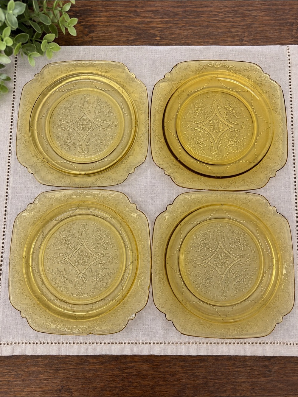 Vintage Amber Depression Glass Plates Set of 4 Square Floral Scroll 8.5